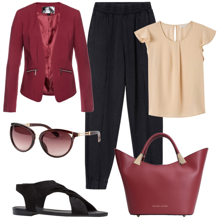 Outfit donna - In città. Stile Casual chic per Tutti i giorni. Abbinamento con blazer, sandali, occhiali da sole, borse a secchiello, pantaloni, bluse.