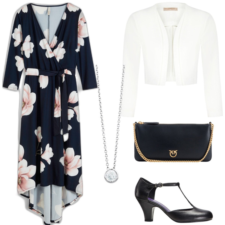 Outfit donna - Abito lungo curvy-cerimonia a maggio. Stile Chic per Cerimonia. Abbinamento con vestiti lunghi, décolleté, collane, borse a tracolla, blazer.