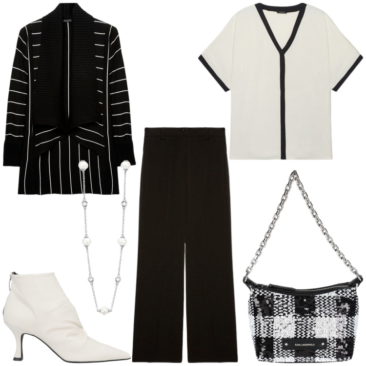 Outfit donna - Adoro il bianco e il nero. Stile Chic per Tutti i giorni. Abbinamento con stivaletti, borse a mano, collane, cardigans, bluse, pantaloni.