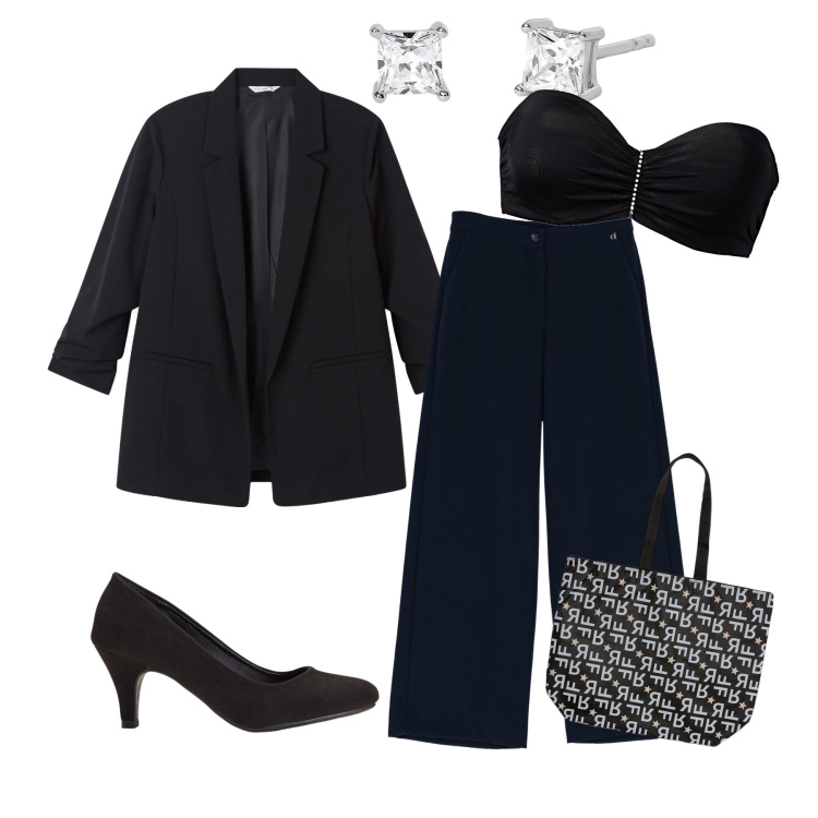 Outfit donna - Woman in black. Stile Mannish per Cerimonia. Abbinamento con décolleté, reggiseni a balconcino, blazer, orecchini, pantaloni a palazzo, shopping bag.