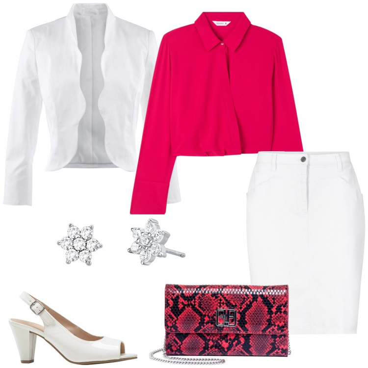 Outfit donna - In città. Stile Casual chic per Tutti i giorni. Abbinamento con blazer, gonne, décolleté, bluse, orecchini, pochette.