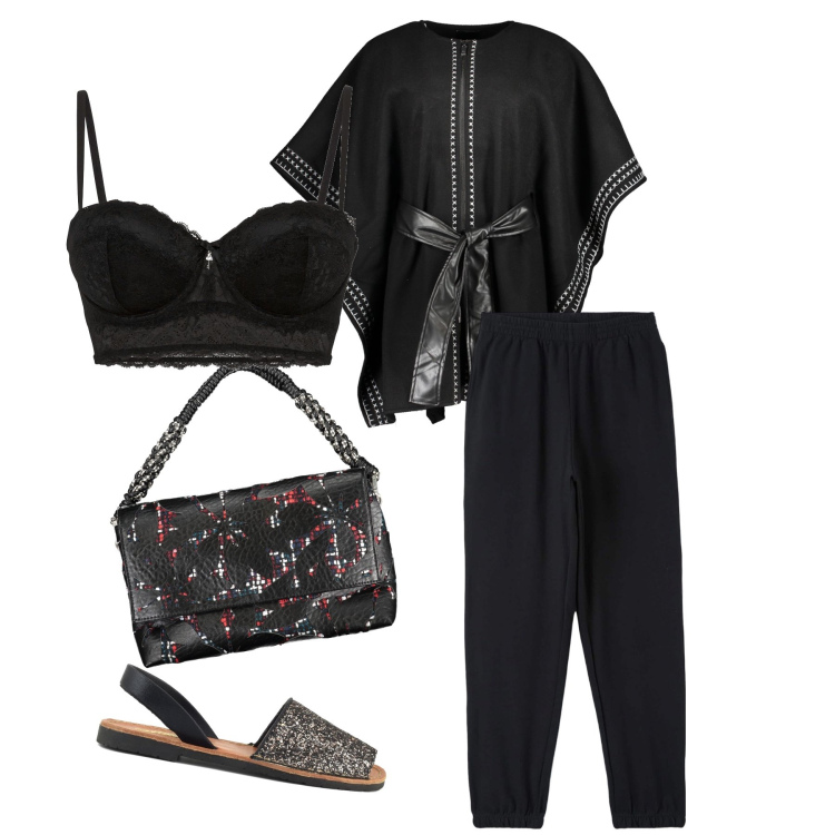 Outfit donna - Sabato sera. Stile Boho per Serata fuori. Abbinamento con reggiseni a balconcino, pantaloni, sandali, cappotti, borse a spalla.