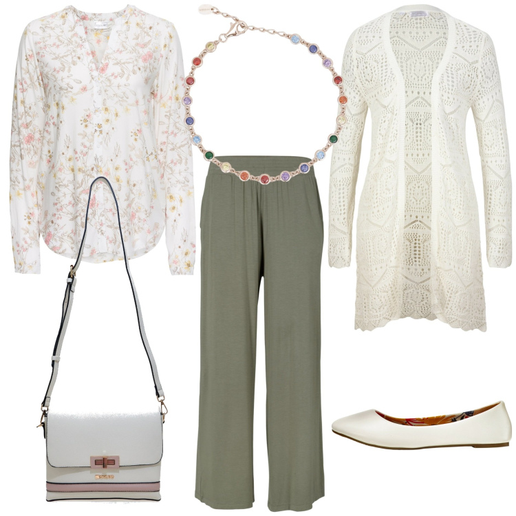 Outfit donna - La camicetta a fiori. Stile Basic per Tutti i giorni. Abbinamento con pantaloni, camicie, cardigans, ballerine, braccialetti, borse a tracolla.