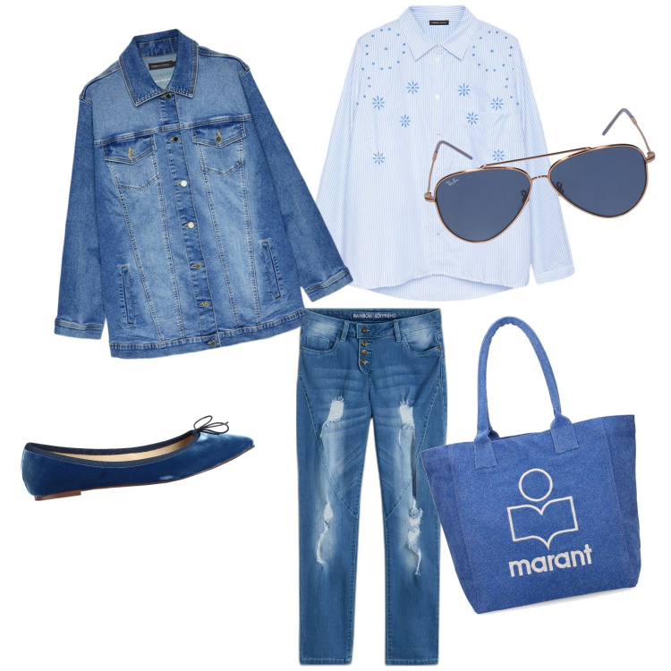 Outfit donna - In jeans. Stile Casual chic per Tutti i giorni. Abbinamento con jeans boyfriend, ballerine, camicie, occhiali da sole, shopping bag, blazer.