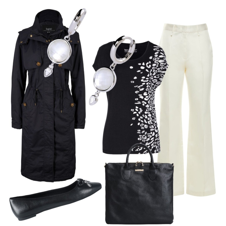 Outfit donna - Bianco e nero. Stile Minimal per Ufficio. Abbinamento con trench, t-shirt, ballerine, borse a mano, orecchini, pantaloni.