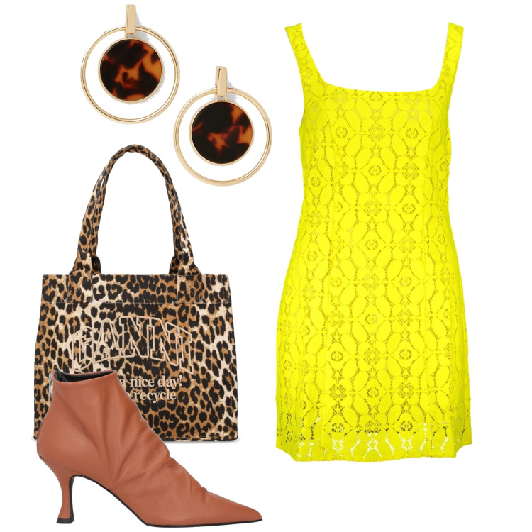 Outfit donna - Azzardato. Stile Trendy per Tutti i giorni. Abbinamento con stivaletti, orecchini, vestiti corti, shopping bag.