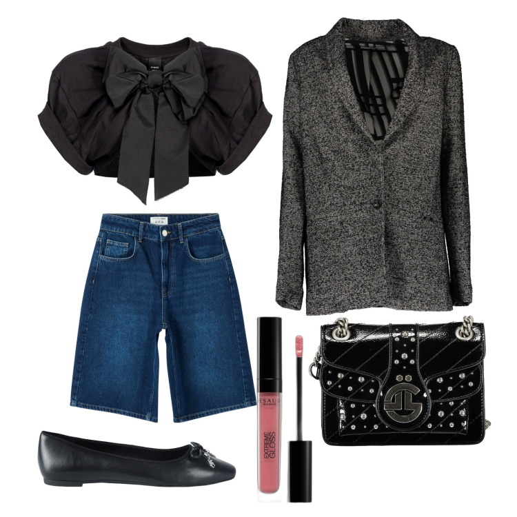 Outfit donna - Ghost outfitter - marzo. Stile Glamour per Tutti i giorni. Abbinamento con ballerine, gloss, bermuda, t-shirt, blazer, borse a tracolla.