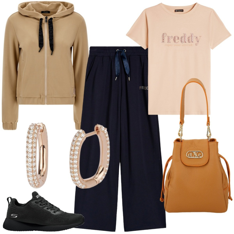 Outfit donna - Sporty-chic tutti i giorni. Stile Sporty chic per Tutti i giorni. Abbinamento con sneakers, orecchini, borse a secchiello, pantaloni, felpe con cappuccio, t-shirt.