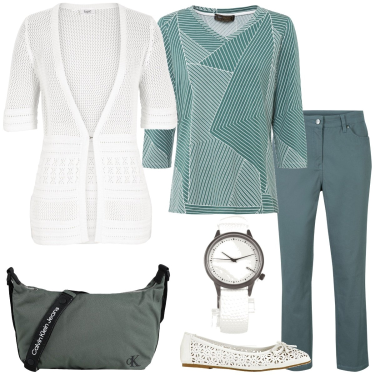 Outfit donna - Dinamica. Stile Casual per Tutti i giorni. Abbinamento con pantaloni, maglieria, cardigans, ballerine, borse a tracolla, orologi.
