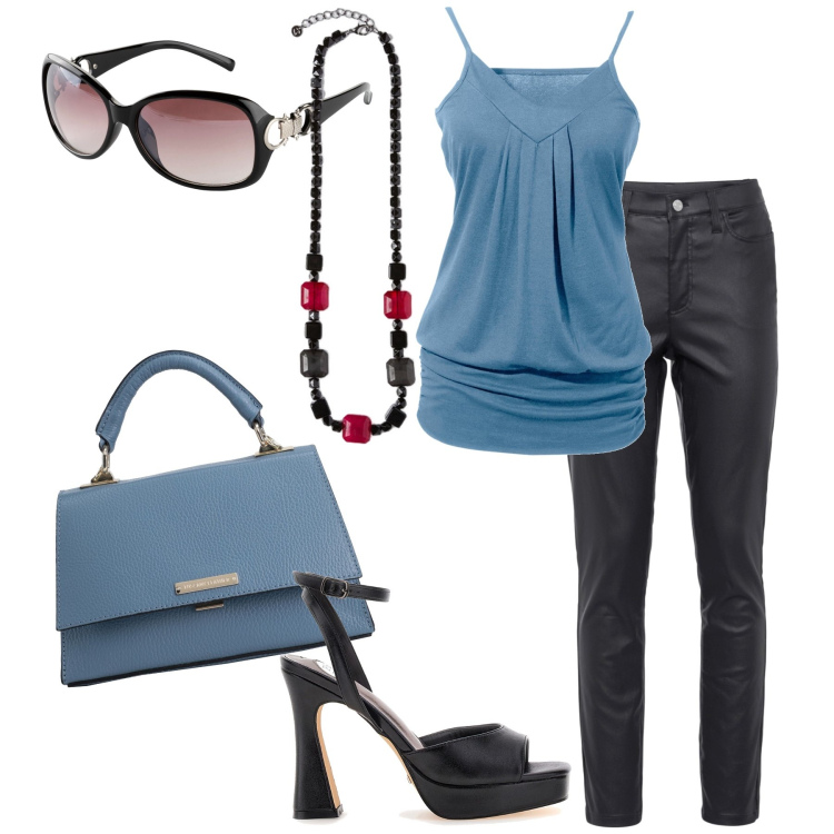 Outfit donna - Blu e nero. Stile Sexy per Tutti i giorni. Abbinamento con top, pantaloni skinny, occhiali da sole, borse a mano, sandali col tacco, collane.