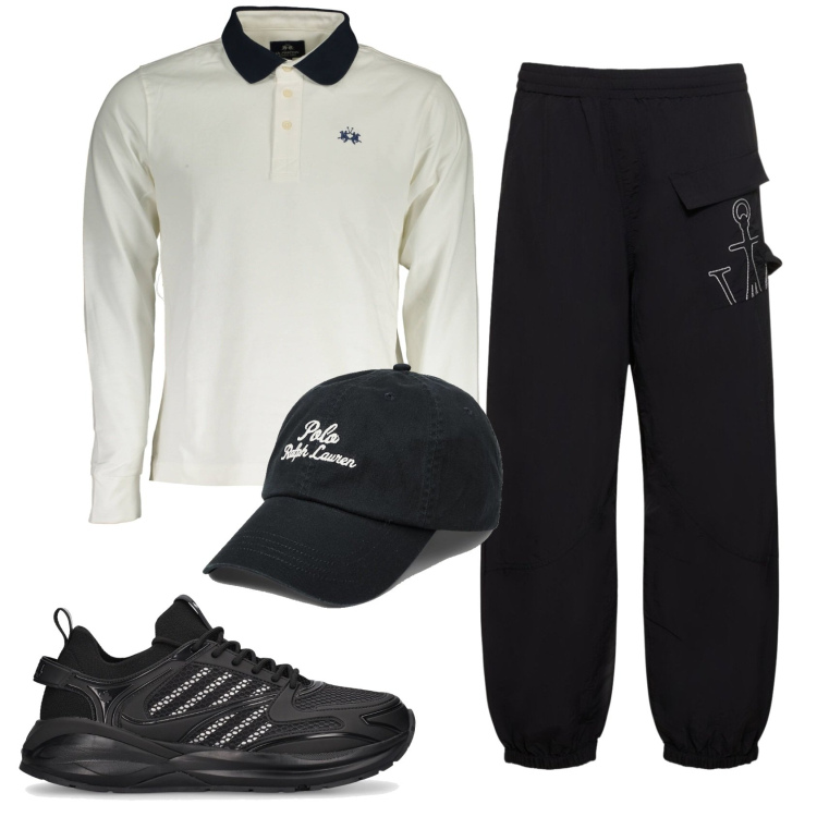 Outfit uomo - Total look #1837499. Stile Casual per Tutti i giorni. Abbinamento con cappelli, pantaloni cargo, polo, sneakers.
