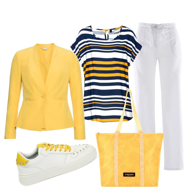 Outfit donna - Il giallo mi mette di buon umore. Stile Casual chic per Ufficio. Abbinamento con blazer, pantaloni a palazzo, tuniche, borse tote, sneakers.