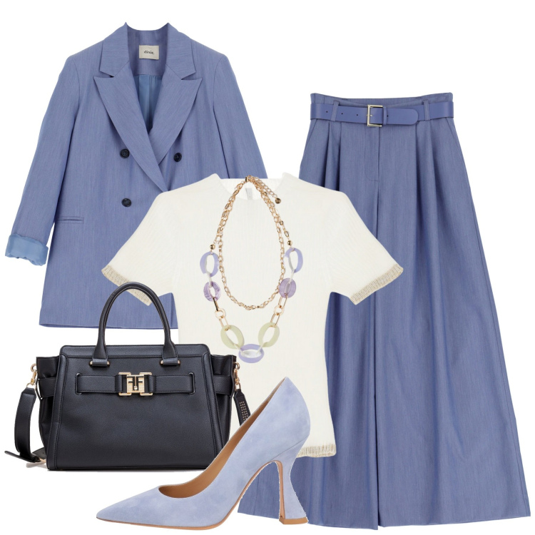 Outfit donna - City. Stile Trendy per Tutti i giorni. Abbinamento con décolleté, pantaloni a palazzo, maglieria, borse tote, blazer, ciondoli.