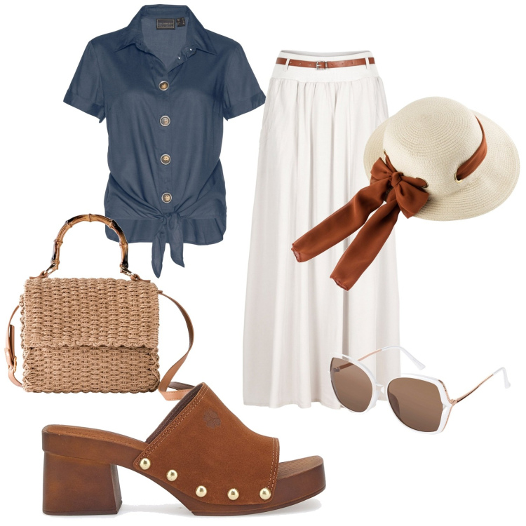 Outfit donna - Bianco e Cuoio. Stile Casual chic per Tutti i giorni. Abbinamento con cappelli, borse a mano, camicie, occhiali da sole, gonne lunghe, zoccoli.