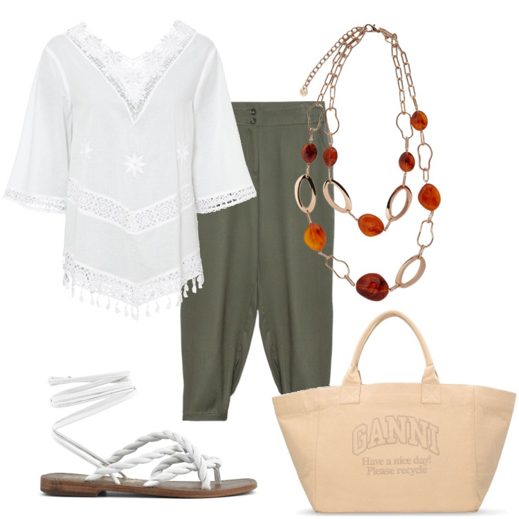 Outfit donna - Total look #1837522. Stile Boho per Tutti i giorni. Abbinamento con tuniche, pantaloni, ciondoli, sandali, shopping bag.