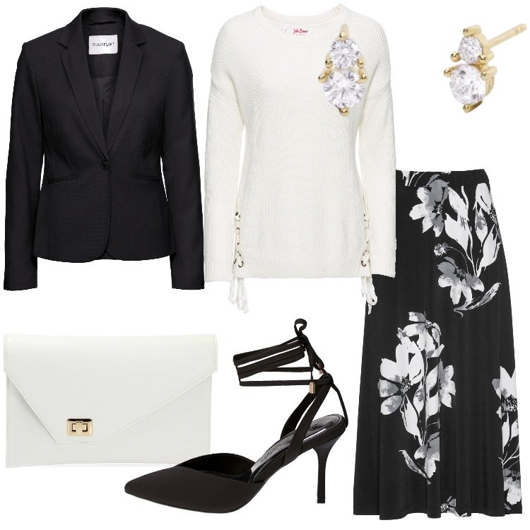 Outfit donna - Nero e bianco e non sbagli!. Stile Romantica per Cerimonia. Abbinamento con blazer, gonne, maglieria, orecchini, décolleté, pochette.