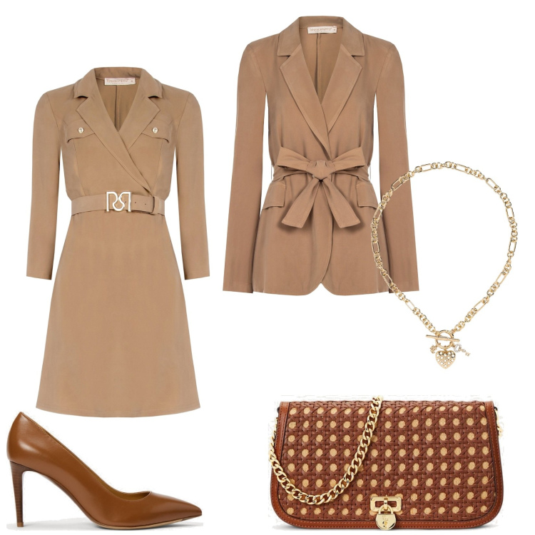 Outfit donna - Total look marrone chiaro. Stile Casual chic per Ufficio. Abbinamento con vestiti chemisier, blazer, décolleté, borse a spalla, ciondoli.