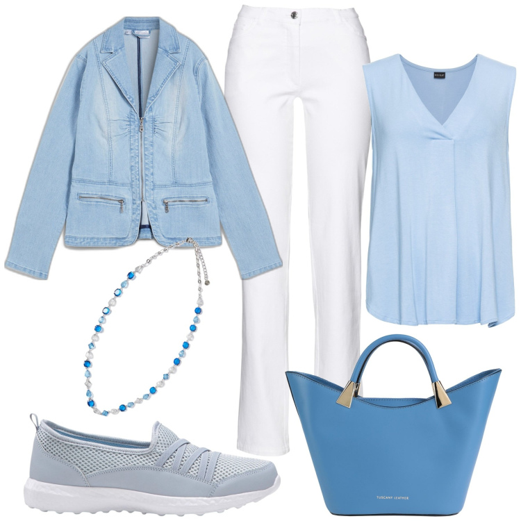 Outfit donna - Azzurro cielo. Stile Casual chic per Tutti i giorni. Abbinamento con sneakers, pantaloni, top, blazer, borse a secchiello, collane.