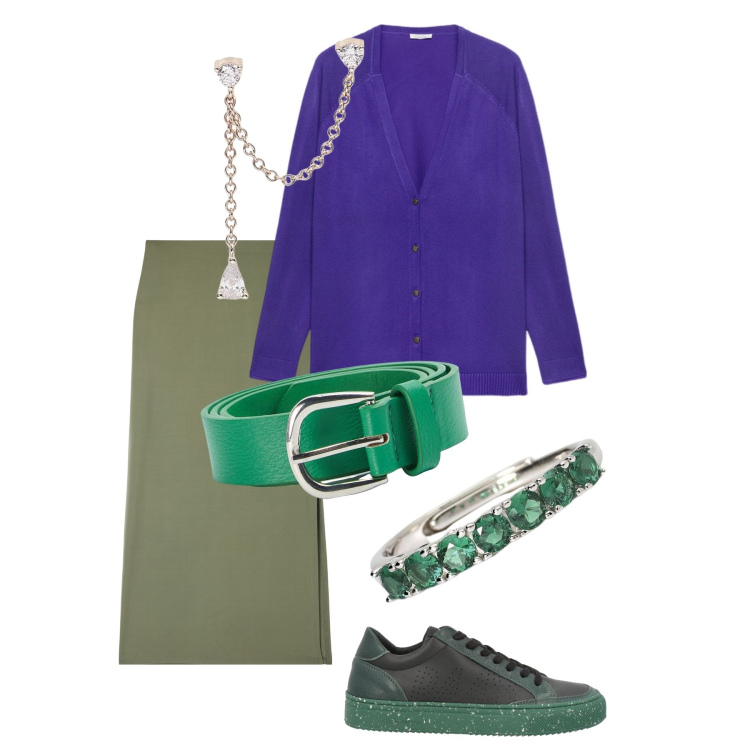 Outfit donna - Verde speranza. Stile Casual per Tutti i giorni. Abbinamento con sneakers, gonne lunghe, cinture, anelli, orecchini, cardigans.