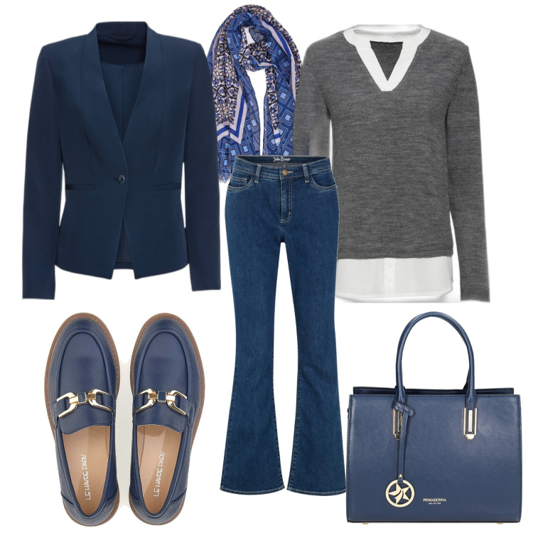 Outfit donna - Commissioni e poi.... Stile Casual chic per Tutti i giorni. Abbinamento con blazer, jeans bootcut, maglieria, borse a mano, mocassini, sciarpe.