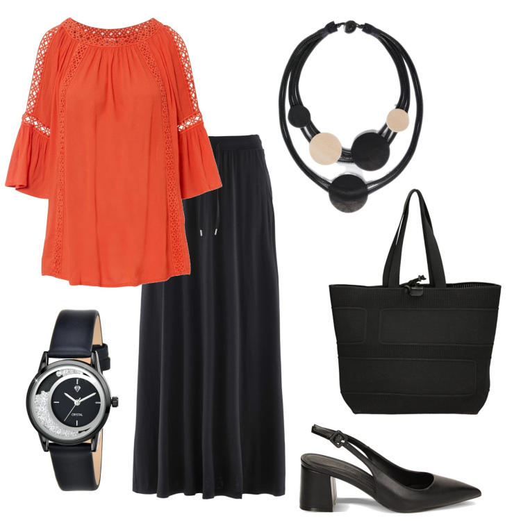 Outfit donna - A spasso fra mercatini. Stile Casual per Tutti i giorni. Abbinamento con orologi, gonne, tuniche, décolleté, borse a mano, collane.