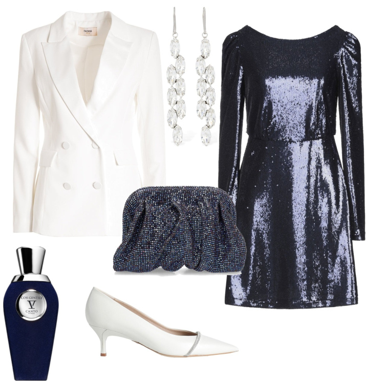 Outfit donna - Glamour serata evento speciale. Stile Glamour per Serata fuori. Abbinamento con vestiti corti, décolleté, profumi, blazer, orecchini, pochette.