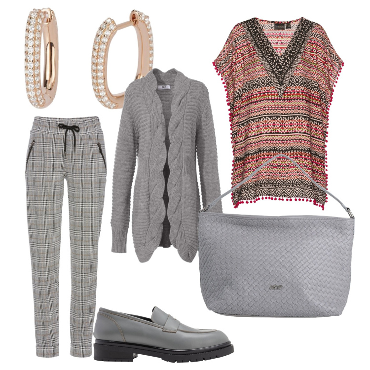 Outfit donna - Oggi. Stile Casual chic per Ufficio. Abbinamento con pantaloni, cardigans, tuniche, mocassini, borse a mano, orecchini.
