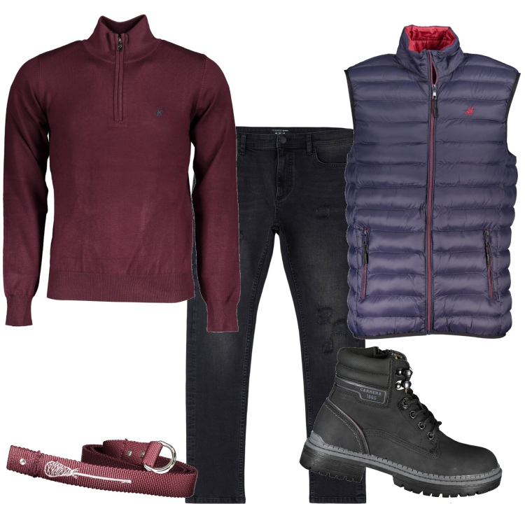 Outfit uomo - Total look #1837619. Stile Casual per Tutti i giorni. Abbinamento con jeans strappati, giacche, stivali, cinture, maglieria.