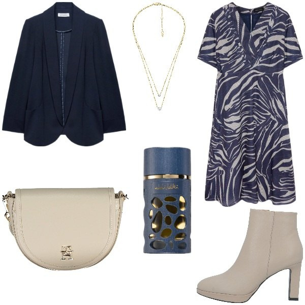 Outfit donna - Chic & trendy curvy. Stile Trendy per Tutti i giorni. Abbinamento con profumi, stivaletti, collane, vestiti lunghi, borse a tracolla, blazer.