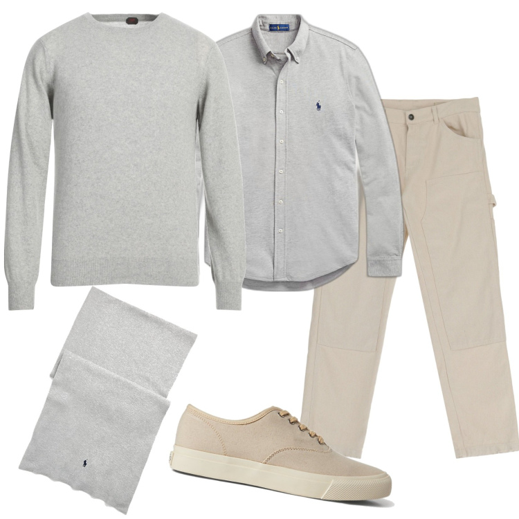 Outfit uomo - Beige e grigio. Stile Casual per Ufficio. Abbinamento con pullovers, pantaloni, sneakers, camicie, sciarpe.