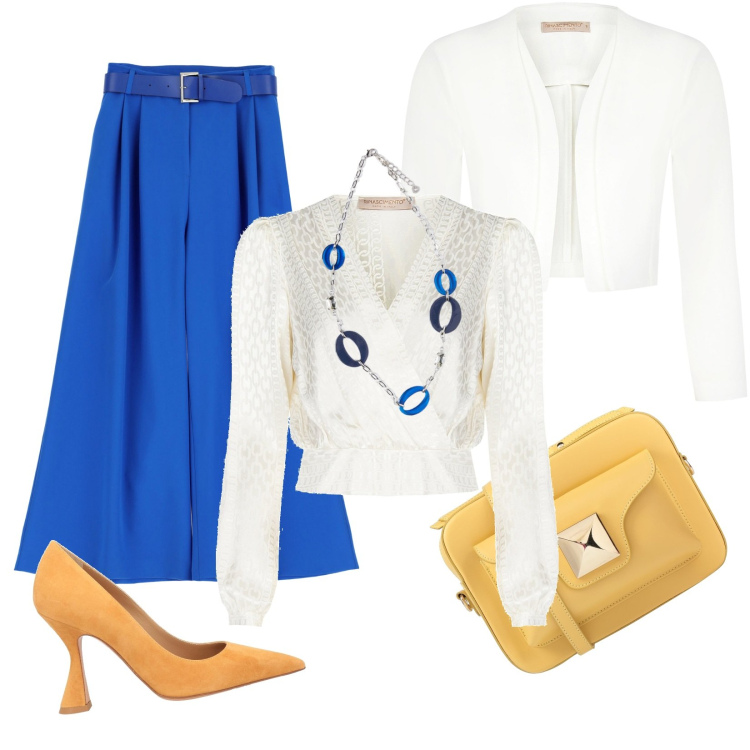 Outfit donna - Giacca bianca su tanto colore. Stile Casual chic per Ufficio. Abbinamento con décolleté, borse a tracolla, bluse, blazer, pantaloni a palazzo, ciondoli.