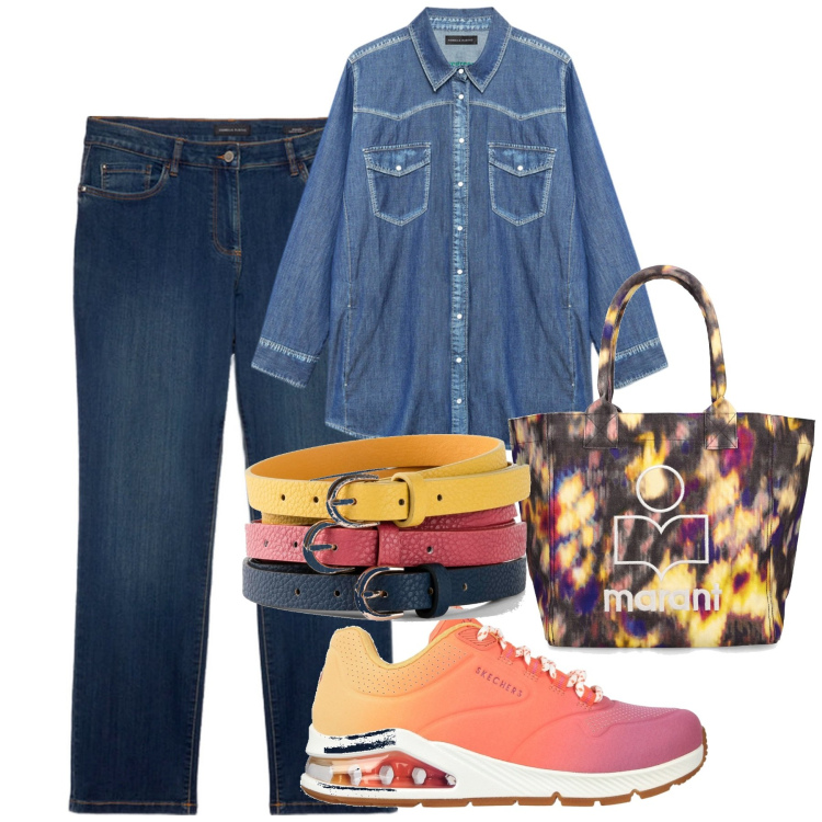 Outfit donna - Casual. Stile Casual chic per Tutti i giorni. Abbinamento con cinture, jeans dritti, sneakers, camicie, shopping bag.