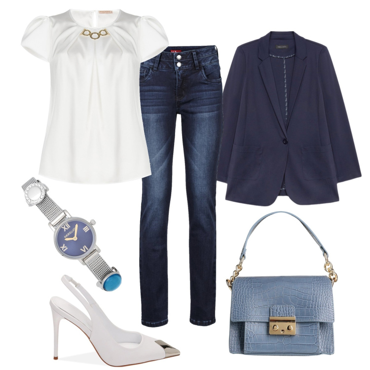 Outfit donna - La blusa per l’ufficio. Stile Casual chic per Ufficio. Abbinamento con jeans, orologi, borse a mano, bluse, décolleté, blazer.