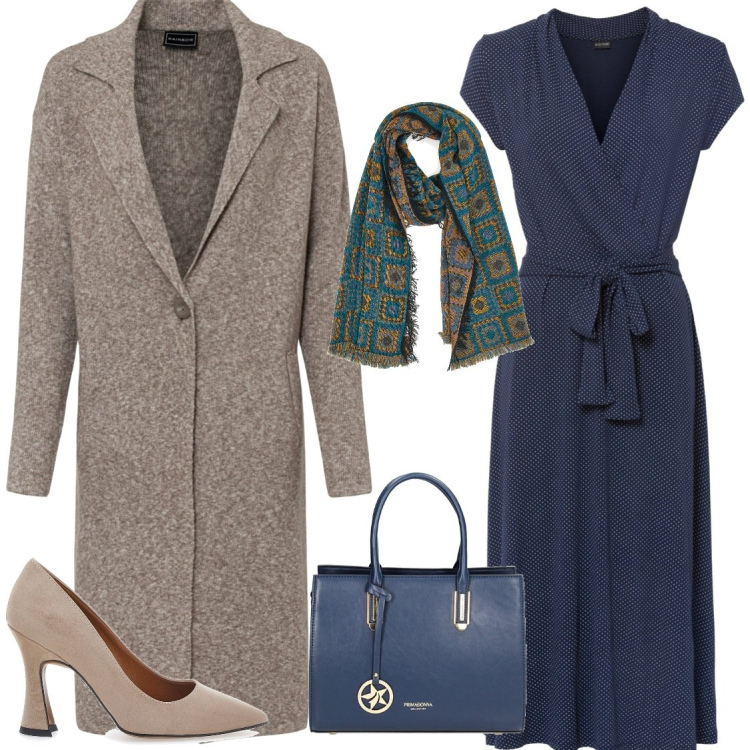 Outfit donna - Beige melange. Stile Bon Ton per Tutti i giorni. Abbinamento con vestiti midi/longuette, cappotti, borse a mano, décolleté, sciarpe.