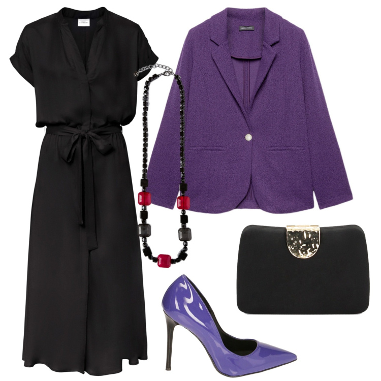 Outfit donna - Curvy in Nero e Viola. Stile Bon Ton per Serata fuori. Abbinamento con vestiti chemisier, décolleté, clutch, blazer, collane.