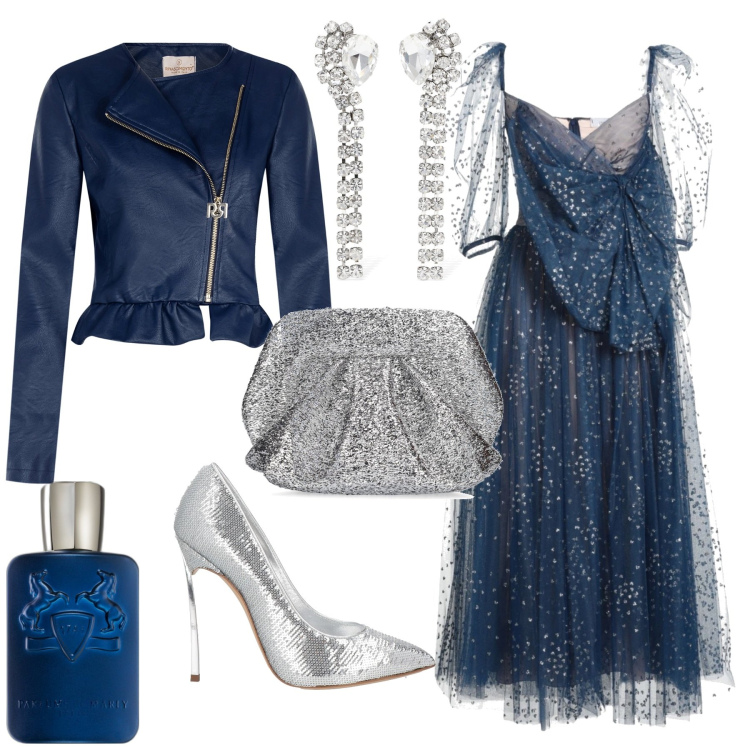 Outfit donna - Glamour evento serata speciale. Stile Glamour per Serata fuori. Abbinamento con vestiti midi/longuette, décolleté, profumi, blazer, pochette, orecchini.