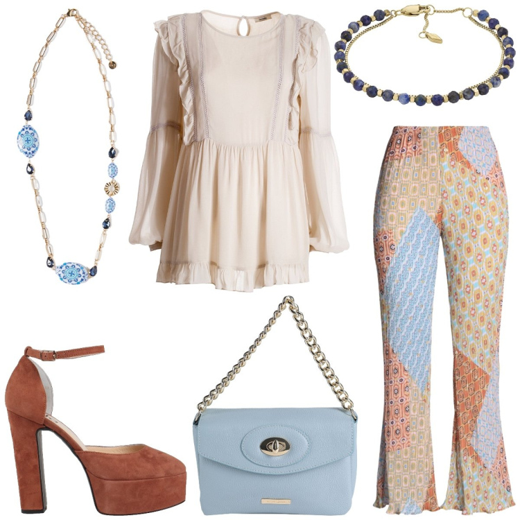 Outfit donna - Tempo libero. Stile 70s per Tutti i giorni. Abbinamento con pantaloni, décolleté, borse a mano, braccialetti, bluse, ciondoli.