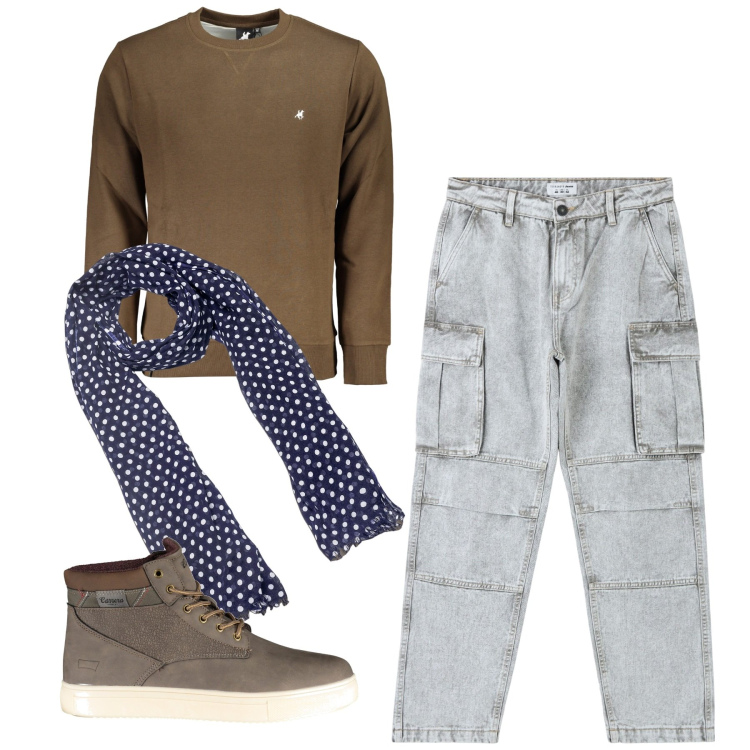 Outfit uomo - I pois stile urban. Stile Urban per Tutti i giorni. Abbinamento con jeans, sciarpe, felpe, stivali.