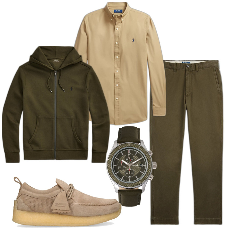 Outfit uomo - Felpa come giacca. Stile Casual per Tutti i giorni. Abbinamento con orologi, pantaloni, camicie, felpe, scarpe stringate.
