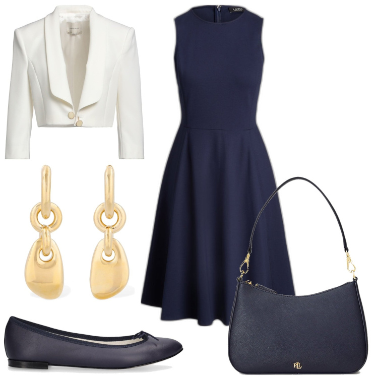 Outfit donna - In blu bon ton. Stile Bon Ton per Tutti i giorni. Abbinamento con blazer, vestiti senza maniche, borse a tracolla, ballerine, orecchini.