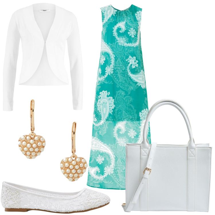 Outfit donna - Vestito fantasia bon ton. Stile Bon Ton per Tutti i giorni. Abbinamento con ballerine, vestiti lunghi, blazer, shopping bag, orecchini.