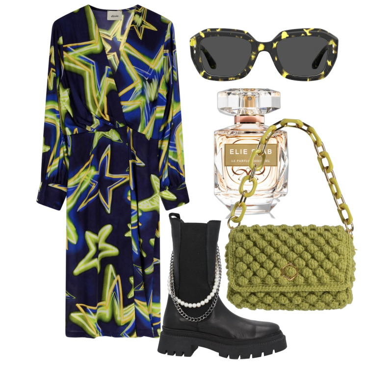 Outfit donna - Ghost outfitter - marzo. Stile Trendy per Tutti i giorni. Abbinamento con borse a mano, stivaletti chelsea, profumi, vestiti midi/longuette, occhiali da sole.