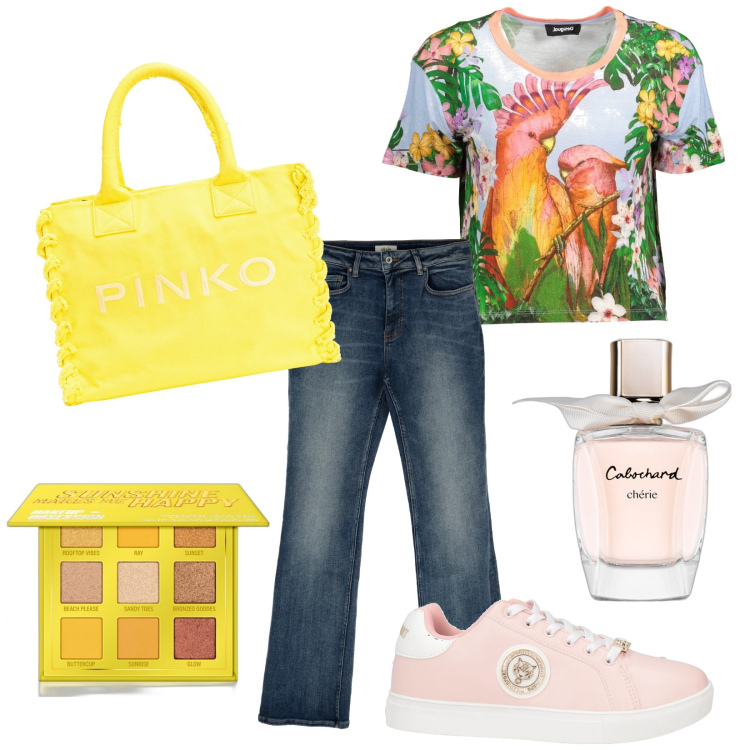 Outfit donna - In allegria. Stile Trendy per Tutti i giorni. Abbinamento con sneakers, profumi, ombretti, shopping bag, jeans dritti, t-shirt.