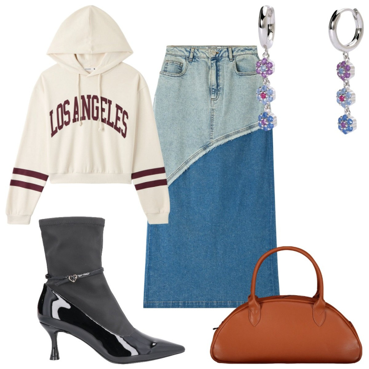 Outfit donna - Gonna + stivaletti sporty- chic. Stile Sporty chic per Tutti i giorni. Abbinamento con stivaletti, gonne lunghe, felpe con cappuccio, orecchini, borse a spalla.