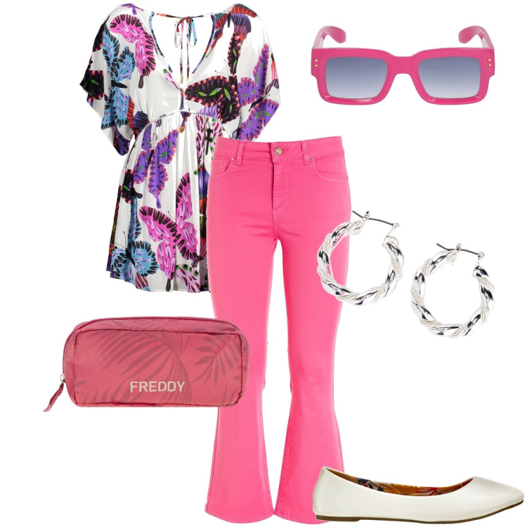 Outfit donna - I denim ciclamino. Stile Romantica per Tutti i giorni. Abbinamento con ballerine, orecchini, jeans, valigie, occhiali da sole, vestiti corti.