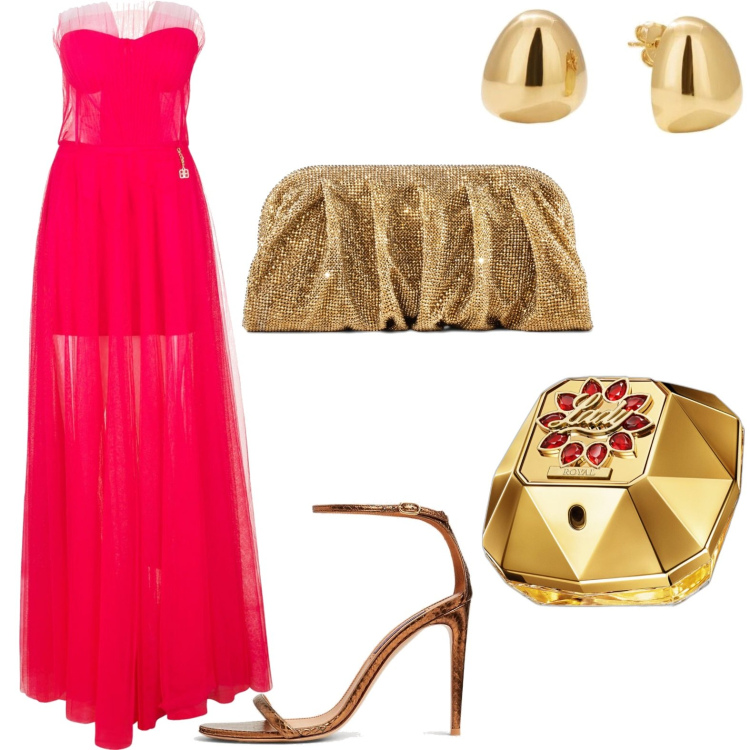 Outfit donna - Cerimonia estiva. Stile Glamour per Cerimonia. Abbinamento con orecchini, profumi, vestiti lunghi, sandali col tacco, pochette.