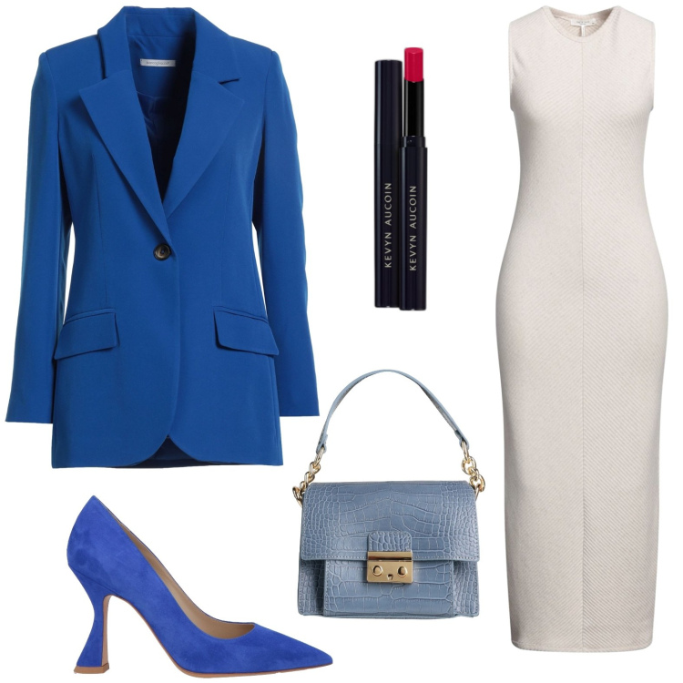 Outfit donna - Giacca blu navy. Stile Trendy per Serata fuori. Abbinamento con blazer, vestiti midi/longuette, décolleté, borse a mano, rossetti.
