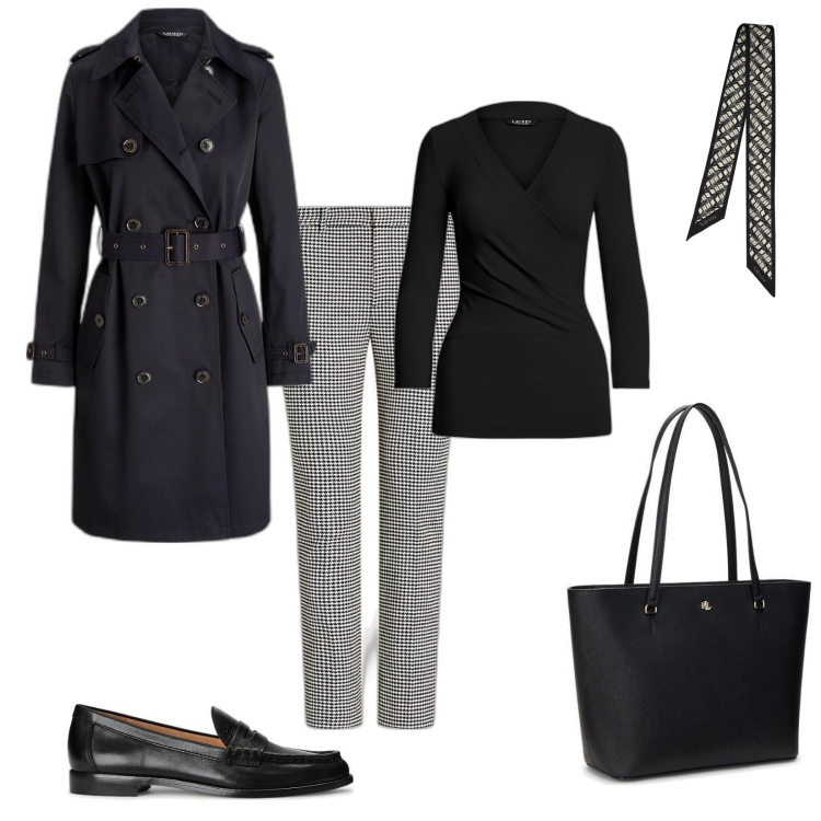 Outfit donna - Una lunga giornata. Stile Urban per Ufficio. Abbinamento con top, borse tote, mocassini, pantaloni, cappotti, foulard.