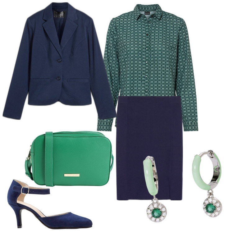 Outfit donna - Verde speranza. Stile Bon Ton per Ufficio. Abbinamento con décolleté, camicie, blazer, borse a tracolla, orecchini, gonne.