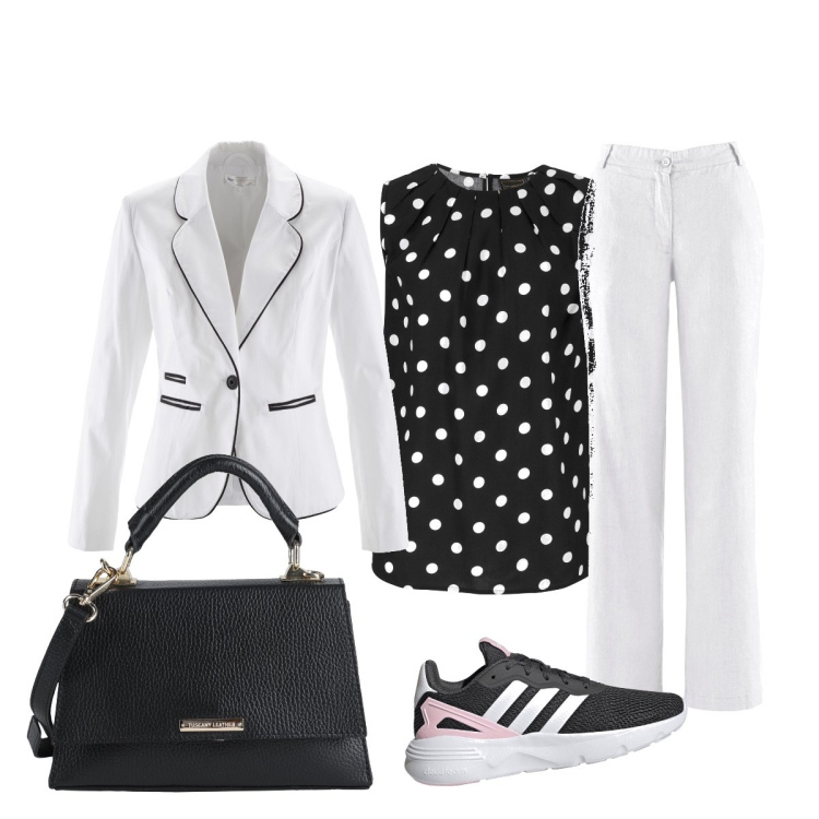 Outfit donna - Pois sempre di moda. Stile Casual chic per Cerimonia. Abbinamento con pantaloni, top, blazer, borse a mano, sneakers.